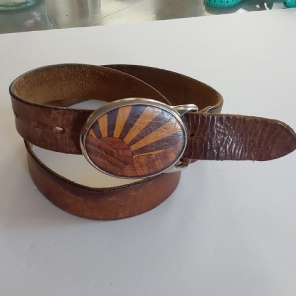 Von West Other - Von West Brown Leather Belt with Sunburst Buckle Hippie 70's Distressed Sz.M